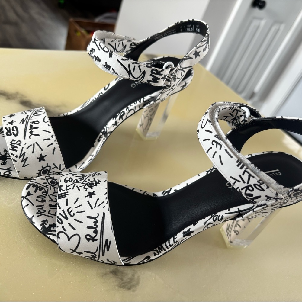 White and Black Graffiti Block Heel Sandals - Picture 2 of 5